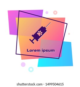 Purple Syringe with pet vaccine icon isolated on white background. Dog or cat paw print. Color rectangle button. Vector Illustration