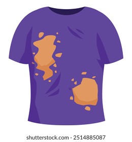 Purple t shirt showing stains and holes from being worn out, concept of old clothes to be replaced