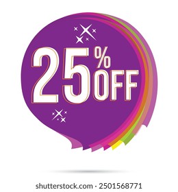 lila Tag 25 % Rabatt. Sonderrabatt, Superrabatt. Vektorgrafik einzeln auf weißem Hintergrund. Bester Preis, Rabatt-Gutschein, Aufkleber, Preisschild, Sonderrabatt 25% OFF Text auf runde Blase.