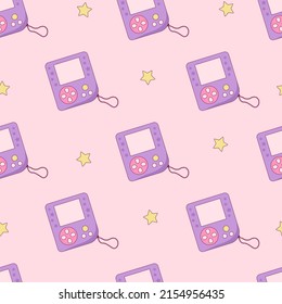 Purple Tamagotchi - retro portable pocket game of 90s with stars vector seamless pattern