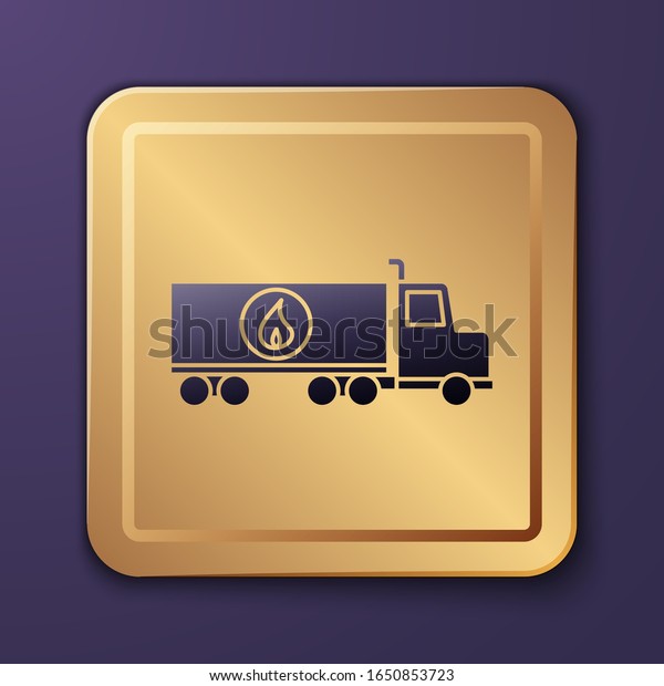 Purple Tanker truck icon isolated on purple\
background. Petroleum tanker, petrol truck, cistern, oil trailer.\
Gold square button. Vector\
Illustration