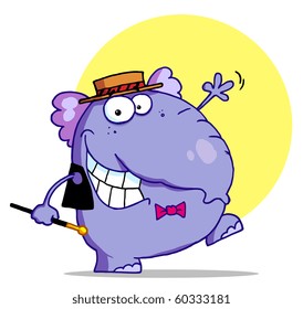 Purple Tap Dancing Elephant In A Hat And Bow Tie, Holding A Cane