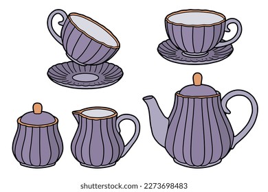 Purple tea service. Beautiful dishes. Hand drawing picture.