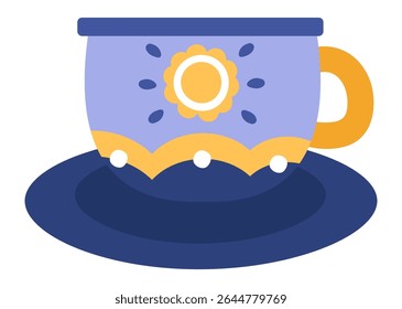 Purple teacup featuring a vibrant yellow handle and cheerful sun decor, resting gracefully on a saucer, embodying the essence of cozy breakfasts and cherished tea time rituals