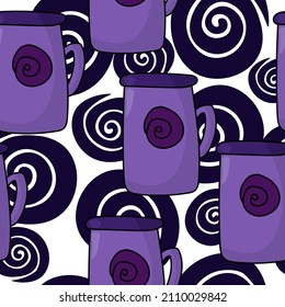 Purple teacup with spiral seamless pattern, cozy mug in cartoon style on a background of dark purple spirals vector illustration