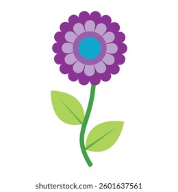 Purple and Teal Flower with Green Stem and Leaves - Vector Illustration