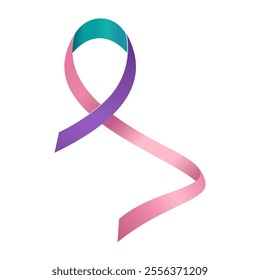 Purple, teal and pink ribbon awareness Thyroid cancer. Isolated on white background. Vector  illustration.