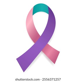 Purple, teal and pink ribbon awareness Thyroid cancer. Isolated on white background. Vector  illustration.