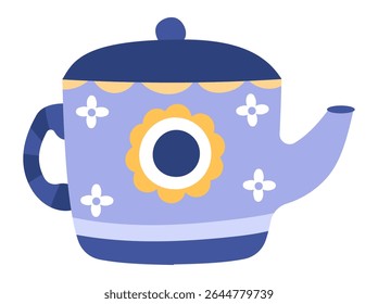 Purple teapot adorned with yellow and white flowers, featuring a navy blue lid and handle, set against a white background, perfect for food or cooking projects