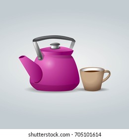 Purple teapot and cup with coffee on background. Vector. Eps 10.