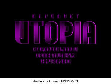 Purple technical font, digital alphabet, letters and numbers, vector illustration 10EPS