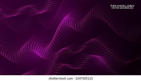Purple techno abstract background on dark space with waving particle style effect. Graphic design element with 3d moving dots flow concept for banner, flyer, card, brochure cover, or landing page
