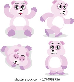 A purple teddy bear in four adorable poses.