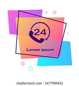Purple Telephone 24 hours support icon isolated on white background. All-day customer support call-center. Full time call services. Color rectangle button. Vector Illustration
