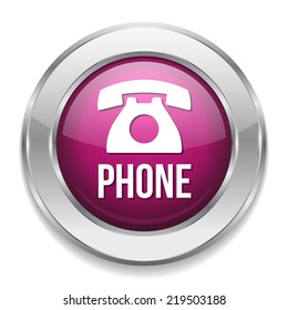 Purple telephone button with metallic border on white background