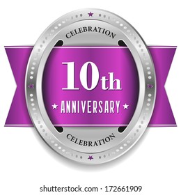 Purple ten year anniversary badge with ribbon