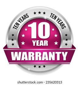 Purple ten year warranty badge with metallic border and ribbon