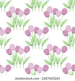 Purple tender tulips with green leaves on a white background with old vintage texture. Cute vector floral pattern.