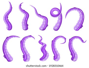 Purple tentacles set. Curly and wavy octopus limbs isolated on white. Vector illustrations for horror, giant underwater monster, sea life concept