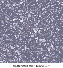Purple terrazzo flooring seamless pattern. Vector texture of mosaic floor with natural lilac colored stones, granite, marble, quartzite. Trendy repeat design for ceramic, home decor, wallpapers, print