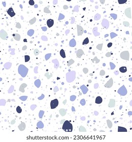 El suelo de terrazo morado es transparente. Fondo neutro abstracto y corto. Textura vectorial del suelo de mosaico. Lilac, color púrpura y gris. Diseño de moda para la decoración, papel pintado, impresión