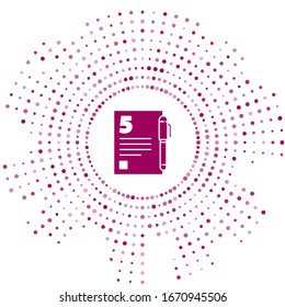 Purple Test or exam sheet and pen icon isolated on white background. Test paper, exam or survey concept. Abstract circle random dots. Vector Illustration