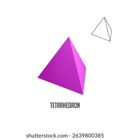 Purple tetrahedron rotating in space with its wireframe showing a platonic solid, perfect for educational and scientific projects related to geometry and mathematics