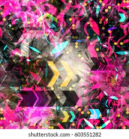 Purple texture with black, yellow, white inclusion. Organic elements and arrows. Abstract seamless pattern with chevrons
