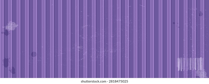 Purple texture on a container wall of corrugated metal sheet. Fluted ribs carry scratches and scattered dark stains. Wide vector container texture for web banner or presentation design