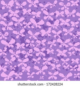 Purple textured background with butterfly. Seamless pattern. 