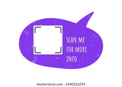 Burbuja de voz de garabato con textura púrpura con espacio para un código QR y la inscripción escanearme. Elemento vectorial vintage dibujado a mano con efecto grunge arenoso, marco.