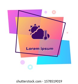 Purple Thermometer and cloud with sun icon isolated on white background. Color rectangle button. Vector Illustration