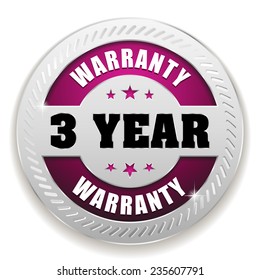 Purple three year warranty button with silver border on white background
