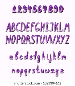 Purple three-dimensional metallic shiny font with shadow and a full set of capital and lowercase letters, numbers and punctuation marks, as well as additional elements