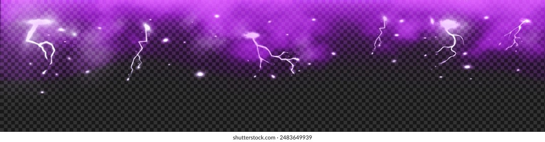 Purple thunder storm effect with lightnings, strikes with smoke vector border design. Realistic storm clouds with flashes and sparkles. Glowing thunderbolt with fog. Steam, vapor with blast