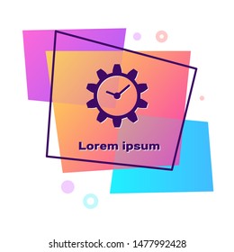 Purple Time Management icon isolated on white background. Clock and gear sign. Color rectangle button. Vector Illustration