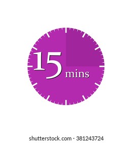 Purple timer icon, a 15-minute clock, vector