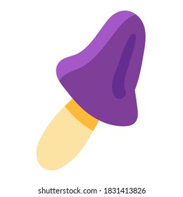 Purple toadstool icon for Halloween holiday decor, poster, card or party invitation design. Fungi mushroom isolated on white background. Vector illustration