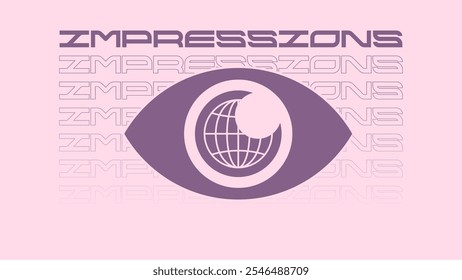 Purple Tone Flat Styled Big Eye with Global Lines Pupil embraced with Futuristic 'Impressions' Typography, Pink Background