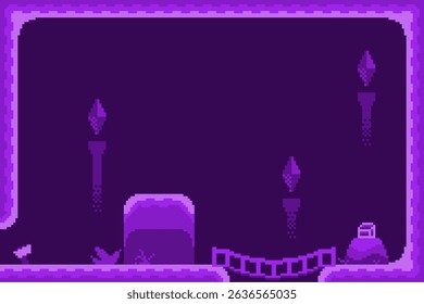Purple Tone, Pixel Art Style Dark Cave Interior with Treasure Chest, Side view Background