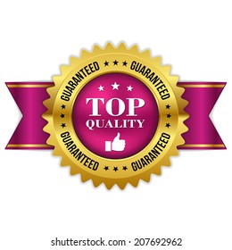 Purple top quality badge with gold border and ribbon on white background