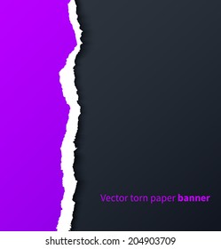 Purple torn paper with drop shadows on dark background. Vector illustration