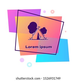 Purple Tourist tent with flag icon isolated on white background. Camping symbol. Color rectangle button. Vector Illustration