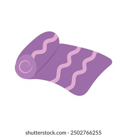 Purple towel with ornament twisted into a roll. Vector illustration of a towel, a beach mat, hand drawn in a cartoon style, eps 10