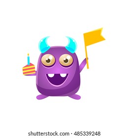 Purple Toy Monster With Horns Holding Flag And Piece Of Cake Cute Childish Illustration. Cartoon Colorful Alien Character With Party Attribute Isolated On White Background.