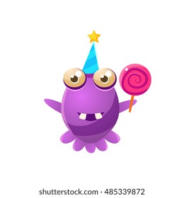 Purple Toy Monster In Party Hat Holding A Lollypop Cute Childish Illustration. Cartoon Colorful Alien Character With Party Attribute Isolated On White Background.
