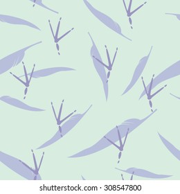 Purple Trace of Birds and Feathers, Seamless Vector Pattern. Pastel Color Background.