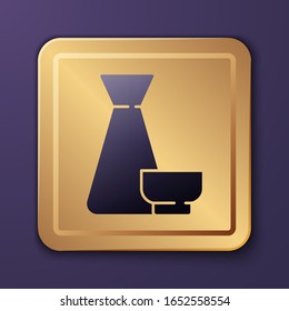 Purple Traditional Chinese tea ceremony icon isolated on purple background. Teapot with cup. Gold square button. Vector Illustration