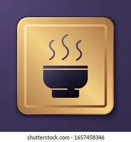 Purple Traditional Chinese tea ceremony icon isolated on purple background. Teapot with cup. Gold square button. Vector Illustration