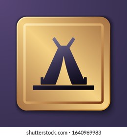 Purple Traditional indian teepee or wigwam icon isolated on purple background. Indian tent. Gold square button. Vector Illustration